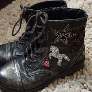New Justice Black Gray Size 6 Boot zip tie‎ metallic unicorn star diamond